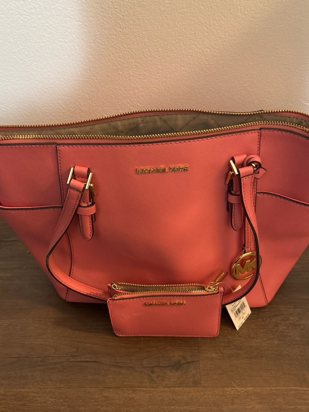 Michael Kors Coral Leather Tote with Zip Pouch and matching wallet with tag